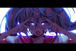  1girl aqua_eyes aqua_hair bandaid bandaid_on_arm bandaid_on_cheek bandaid_on_face black_border border collarbone double_inward_v double_v english_commentary fang glowing glowing_eyes hatsune_miku highres inward_v letterboxed long_hair looking_at_viewer m@gical_cure!_love_shot!_(vocaloid) meme miku_miku_beaaaam!!_(meme) open_mouth pink_sailor_collar sailor_collar school_uniform serafuku solo star-shaped_pupils star_(symbol) symbol-shaped_pupils takobatsu twintails v v_over_eye vocaloid white_background white_serafuku 