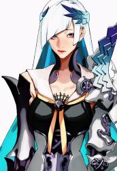  1girl armor armored_dress blue_hair brynhild_(fate) brynhild_(lancer)_(fate) collarbone colored_inner_hair diagonal_bangs dress fate/grand_order fate_(series) gauntlets highres lips long_hair looking_at_viewer multicolored_hair neck_armor orange_ribbon pauldrons red_lips rerebrace ribbon sailor_collar shoulder_armor simple_background single_pauldron sleeveless solo two-tone_hair upper_body violet_eyes whaaa000 white_hair white_sailor_collar winged_hair_ornament 