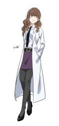  1girl bags_under_eyes belt black_necktie brown_eyes brown_hair collared_shirt dress_shirt full_body hands_in_pockets high_heels highres kiyama_harumi lab_coat long_hair looking_to_the_side mature_female necktie pantyhose pencil_skirt shirt skirt solo toaru_kagaku_no_railgun toaru_majutsu_no_index twi0ma wavy_hair 