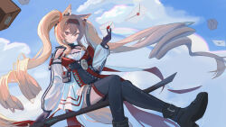  1girl absurdres angelina_(arknights) angelina_the_mellow_wish_(arknights) animal_ear_fluff animal_ears arknights black_boots black_collar black_gloves black_hairband black_thighhighs blue_sky boots box brown_hair cardboard_box chang_wei_fei_jiu clouds collar commentary_request day detached_sleeves dress earpiece floating floating_hair floating_object foot_out_of_frame fox_ears fox_girl gloves hair_between_eyes hairband highres holding holding_letter infection_monitor_(arknights) letter long_hair long_sleeves looking_at_viewer love_letter multicolored_hairband outdoors sitting sky smile solo staff_riding thigh-highs twintails two-tone_hairband very_long_hair white_dress 