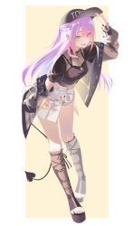  1girl :d absurdres adjusting_clothes adjusting_headwear baseball_cap black_boots black_hat black_jacket black_shirt boots braid breasts character_name colored_inner_hair commentary_request demon_girl demon_tail denim denim_shorts earclip earrings full_body gradient_hair green_eyes half-skirt half_up_half_down_braid hand_up hat highres hololive jacket jacket_partially_removed jewelry knee_boots leaning_forward long_hair medium_breasts miniskirt multicolored_hair necklace open-toe_boots open_mouth pink_hair pleated_skirt pointy_ears purple_hair shirt short_shorts short_sleeves shorts shorts_under_skirt simple_background single_sleeve_past_fingers skirt smile solo tail tanishi_(hetianming11093) tokoyami_towa virtual_youtuber white_background white_skirt 