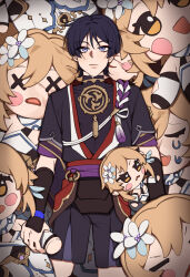  1boy absurdres blonde_hair blue_trim blunt_ends dress eyeliner eyeshadow feather_hair_ornament feathers flower genshin_impact gold_trim hair_between_eyes hair_flower hair_ornament highres holding holding_stuffed_toy lumine_(genshin_impact) majunjuu makeup multicolored_flower red_eyeliner red_eyeshadow romper scaramouche_(genshin_impact) scarf short_hair_with_long_locks stuffed_toy tagme toy white_dress white_flower white_romper white_scarf yellow_eyes 