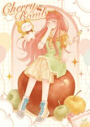  1girl =_= absurdres angel_wings animal apple argyle_clothes argyle_skirt balloon boots bow bowtie cat cherry chinese_commentary cloak closed_mouth clothed_animal clothes_writing clouds commentary_request dango denim denim_dress dress ear_covers food fruit full_body fur-trimmed_dress fur_trim green_dress grid_background hair_bobbles hair_bow hair_ornament hand_on_own_cheek hand_on_own_face happy highres holding holding_food hood hood_up hooded_cloak jingyanyan lace-up_boots long_hair long_sidelocks medium_skirt merry_thoughts_(shining_nikki) momo_(nikki) nikki_(nikki) nikki_(series) official_alternate_color on_food orange_boots orange_bow orange_scarf orange_shirt orange_skirt oversized_food oversized_object pinafore_dress pink_background pink_hair plaid_clothes plaid_scarf pleated_skirt puffy_short_sleeves puffy_sleeves red_bow red_bowtie sanshoku_dango scarf scrunchie shadow shining_nikki shirt short_dress short_sleeves sidelocks sitting skirt sleeveless sleeveless_dress snack traditional_bowtie two-tone_background very_long_hair wagashi wavy_hair white_background white_cat winged_animal wings wrist_scrunchie yellow_cloak yellow_scrunchie 
