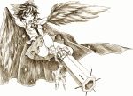  harpy monochrome monster_girl reiuji_utsuho simple_background solo takeuma touhou white_background wings 