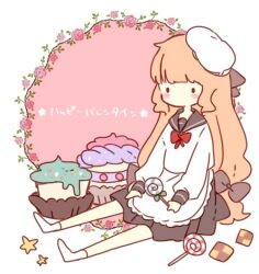  1girl apron blunt_bangs blush_stickers border bow bowtie brown_sailor_collar candy checkerboard_cookie commentary_request cookie cupcake food full_body hat holding holding_candy holding_food holding_lollipop lollipop long_hair long_sleeves nishida_yume no_mouth no_shoes orange_hair original outside_border pink_background red_bow red_bowtie sailor_collar school_uniform serafuku shirt simple_background sitting socks solo swirl_lollipop translation_request valentine waist_apron white_apron white_border white_hat white_shirt white_socks |_| 