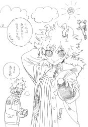  1girl 3boys :d :p animal_print apologizing arm_behind_head arm_up ashido_mina badge bakugou_katsuki boku_no_hero_academia bottle buttons closed_mouth clouds coat colored_sclera commentary_request crosshatching dot_nose egg flying freckles fringe_trim fur-trimmed_coat fur-trimmed_hood fur_trim graphite_(medium) greyscale hair_horns hand_up hands_up hatching_(texture) highres holding holding_bottle holding_egg hood hood_down hooded_coat horikoshi_kouhei horn_ornament horn_ring horns incoming_gift ketchup_bottle kirishima_eijiro linear_hatching long_sleeves looking_at_viewer looking_to_the_side messy_hair midoriya_izuku monochrome multiple_boys no_pupils objectification official_artist_extra open_clothes open_coat open_mouth pocket print_scarf raised_inner_eyebrows ribbed_sweater sanpaku scarf sharp_teeth short_hair simple_background smile speech_bubble spiky_hair split_mouth sun sweater talking teeth tiger_print tongue tongue_out traditional_media translation_request tsurime turning_head unbuttoned upper_body upper_teeth_only v-shaped_eyebrows white_background 