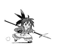  1girl ahoge armor black_eyes black_hair black_kimono black_ribbon blush chest_sarashi chibi chibi_only crescent_moon double-parted_hair full_body greyscale hair_between_eyes hair_ribbon hakama hakama_pants happy highres holding holding_polearm holding_weapon isekai_samurai japanese_armor japanese_clothes katana kimono kote long_hair monochrome moon pants polearm ribbon running saitou1218 sandals sarashi scabbard scar scar_on_face scar_on_nose sheath simple_background smile socks solo sword tsukitsuba_ginko weapon white_background white_hakama white_socks 
