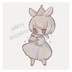  1girl albino animal_ears barefoot birthday_cake cake cake_slice candle collared_dress diagonal-striped_clothes diagonal-striped_hat dress eating expressionless floating_clothes food food_on_face fork happy_birthday hat holding holding_cake holding_food holding_fork long_sleeves low_twintails naiguozi no_pupils original party_hat puffy_long_sleeves puffy_sleeves rabbit_ears rabbit_girl red_eyes short_twintails sparkle striped_clothes toes twintails white_background white_dress white_hair 