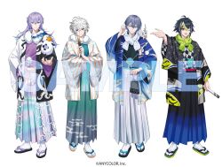  4boys :d ;d ahoge animal_on_shoulder animal_print aqua_eyes aqua_kimono asa_no_ha_(pattern) bird_print black_hair black_hakama black_haori black_kimono blue_hair blue_hakama blue_haori blue_streaks cat cat_on_shoulder checkered_clothes checkered_kimono closed_mouth clothing_cutout commentary_request copyright_notice creature crossed_arms double-parted_bangs dytica_(nijisanji) egasumi folded_fan folding_fan food fruit full_body fur_scarf gradient_hakama green_eyes green_scarf green_streaks grey_hair grey_hakama hair_between_eyes hakama hand_fan hand_on_own_hip haori haori_himo heterochromia holding holding_fan holding_kinchaku hoshirube_sho inami_rai iridescent_clothes japanese_clothes kimono kinchaku koyanagi_rou lineup long_hair long_sleeves looking_at_viewer male_focus mandarin_orange multicolored_hair multiple_boys murakumo_kagetsu nijisanji offering_hand official_art one_eye_closed otomo_(hoshirube_sho) otomo_(koyanagi_rou) outstretched_arm pouch print_hakama print_haori purple_hair purple_hakama purple_kimono sample_watermark sandals scarf short_hair sidelocks simple_background smile socks split-color_clothes standing streaked_hair striped_haori sweets_paradise tabi tentacle_print tucking_hair two-sided_fabric two-sided_sleeves two-tone_hair two-tone_haori violet_eyes virtual_youtuber watermark white_background white_cat white_hair white_hakama white_haori white_scarf white_socks wide_sleeves winged_animal woonak zouri 