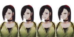  1girl absurdres annoyed backpack bag black_choker black_gloves black_hair black_shirt blush breasts cardigan casual choker closed_mouth collarbone commentary_request contemporary dragon_quest dragon_quest_xi ear_piercing eyelashes gloves green_cardigan hair_ornament hair_ribbon highres jun_(navigavi) korean_commentary lips long_hair looking_at_viewer looking_to_the_side lower_teeth_only martina_(dq11) medium_breasts multiple_expressions multiple_views non-web_source nose open_mouth partially_unbuttoned piercing ponytail red_ribbon ribbon shirt simple_background smile teeth upper_body violet_eyes white_background yellow_bag 