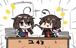  2girls ahoge black_gloves black_hair black_serafuku black_shirt black_skirt blue_eyes braid chibi curse_(023) dated desk dual_persona fingerless_gloves gloves gouta_(nagishiro6624) hair_flaps hair_over_shoulder high_five kantai_collection long_hair multiple_girls necktie notice_lines paper_stack pleated_skirt red_necktie sailor_collar sailor_shirt school_uniform serafuku shigure_(kancolle) shigure_kai_ni_(kancolle) shigure_kai_san_(kancolle) shirt single_braid skirt sleeveless sleeveless_shirt two-tone_shirt white_sailor_collar |_| 