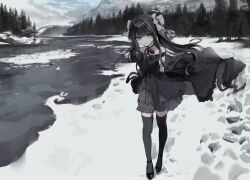  1girl arcaea babbohr bare_shoulders black_choker black_dress black_hair black_ribbon black_shoes choker closed_mouth clouds commentary dress frozen_lake full_body ghost hair_ribbon high-low_dress layered_dress long_hair mountain neck_ribbon off-shoulder_dress off_shoulder ribbon scenery shoes sky snow solo tairitsu_(arcaea) tairitsu_(sonata)_(arcaea) tree twintails 