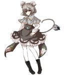  animal_ears basket boots capelet dress embellished_costume floral_print full_body grey_hair inazakura00 jewelry light_smile mouse mouse_ears mouse_tail nazrin pantyhose pendant red_eyes ribbon shirt short_hair simple_background smile solo tail touhou white_background white_legwear zipper 