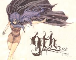  cape character_name eyepatch grin highres leg_up long_hair mirai_nikki nick-ian outstretched_arm purple_eyes purple_hair smile solo spoilers traditional_media uryuu_minene violet_eyes 