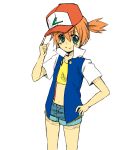  aqua_eyes artist_request baseball_cap child hand_on_hip hat hips jacket kasumi_(pokemon) midriff misty_(pokemon) orange_hair pokemon pokemon_(anime) rough satoshi_(pokemon) satoshi_(pokemon)_(cosplay) shorts side_ponytail simple_background smile solo suspenders white_background 