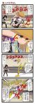  4koma black_hair black_legwear blonde_hair cape comic crazy_smile crowd dei_shirou gradient_hair grey_eyes hair_ribbon hat highres hijiri_byakuren jumping long_hair lying moriya_suwako multicolored_hair multiple_girls on_back ribbon shameimaru_aya shirt short_hair shorts thigh-highs thighhighs tokin_hat touhou translated translation_request white_legwear wrestling wrestling_outfit wrestling_ring yellow_eyes zettai_ryouiki 