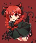  1girl animal_ears black_dress blush bow braid cat_ears cat_tail child dang dress eyebrows_visible_through_hair fang female grin hair_bow hair_ribbon k13958 kaenbyou_rin looking_at_viewer multiple_tails open_mouth paw_pose red red_background red_eyes red_hair redhead ribbon smile solo tail touhou twin_braids 