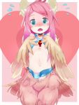  blue_eyes blush feathered_wings harpy k20 looking_at_viewer midriff mon-musu_quest! monster_girl navel open_mouth pink_hair solo 