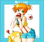  1girl ? character_doll child doll english green_eyes heart kasumi_(pokemon) midriff misty_(pokemon) navel nefis orange_hair plaid pokemon pokemon_(anime) pokemon_(creature) psyduck satoshi_(pokemon) short_hair shorts side_ponytail simple_background suspenders 