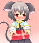  animal_ears blush box capelet child embarrassed gift grey_hair jewelry konii6308 mouse_ears mouse_tail nazrin pink_background red_eyes short_hair solo tail touhou 