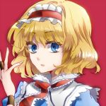  alice_margatroid arm_up blonde_hair blue_eyes capelet fingernails hairband hands looking_at_viewer lowres portrait puffy_sleeves red_background shinoasa short_hair simple_background solo touhou 
