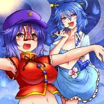  black_eyes blue_eyes blue_hair blush breasts bust dress fang flower hair_rings hair_stick hat kaku_seiga kiseru large_breasts miyako_yoshika mole multiple_girls navel ofuda outstretched_arms pipe purple_hair ribbon roki_(hirokix) short_hair touhou vest zombie_pose 