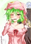  bare_shoulders blonde_hair blush brushing_teeth electric_fan highres kazami_yuuka kazami_yuuka_(pc-98) kurumi_(touhou) messy_hair multiple_girls nightcap off_shoulder saliva sleepy takorice toothbrush touhou touhou_(pc-98) wink youkai 