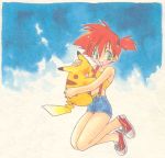  1girl artist_request bare_shoulders blue_background closed_eyes denim green_eyes holding kasumi_(pokemon) midriff misty_(pokemon) no_socks open_mouth pikachu pokemon pokemon_(anime) pokemon_(creature) red_hair redhead shoes shorts side_ponytail simple_background smile sneakers suspenders 