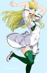 1girl alyosha! alyosha_stalina arms_up bad_id blonde_hair blue_background blue_eyes clover covered_navel dress eyebrows_visible_through_hair female foot_out_of_frame four-leaf_clover green_legwear green_thighhighs hanzaki_jirou leg_up long_hair mouth_hold necktie one_leg_raised puffy_short_sleeves puffy_sleeves school_uniform shoes short_sleeves simple_background solo standing_on_one_leg thigh-highs thighhighs