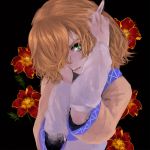  arm_warmers black_background blonde_hair floral_background flower frown green_eyes hair_over_one_eye hands_on_own_face lips long_pointy_ears looking_at_viewer mizuhashi_parsee pointy_ears serious solo souseki556 touhou 