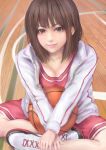  ball basketball brown_eyes brown_hair cleavage eyelashes highres indian_style indoors lips looking_at_viewer mamoru original realistic short_hair sitting smile solo sportswear v_arms 