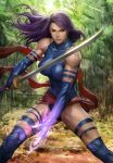  bamboo breasts elbow_gloves energy fighting_stance fingerless_gloves forest gloves glowing katana large_breasts leotard marvel muscle nature psylocke purple_hair sash serious solo stanley_lau sword thigh-highs thighhighs weapon x-men 