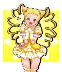  blonde_hair butterfly cure_lemonade drill_hair fingerless_gloves flower frilled_sleeves frills gloves hair_flower hair_ornament kasugano_urara kousaka_jun long_hair looking_at_viewer miniskirt open_mouth pouch precure puffy_sleeves skirt smile solo twin_drills twintails v yellow yellow_eyes yes!_precure_5 yes!_precure_5_gogo! 
