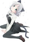  animal_ears black_legwear blush cat_ears cat_tail green_eyes military military_uniform mochiya_marosuke necktie pantyhose sanya_v_litvyak short_hair silver_hair simple_background sitting skirt snow solo strike_witches tail uniform wariza 