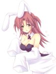  animal_ears bare_shoulders blush breasts brown_hair bunny_ears bunny_girl bunny_tail bunnysuit cleavage detached_collar dressing green_eyes hair_ornament infinite_stratos large_breasts long_hair miyata_(miyatami07) nohotoke_honne open_mouth orimura_ichika rabbit_ears sleeves_past_wrists solo tail two_side_up white_background 