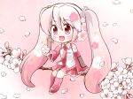  blush cherry_blossoms chibi detached_sleeves flower hatsune_miku kuromitsu_kinako long_hair object_namesake open_mouth petals pink sakura_miku sitting skirt smile solo twintails very_long_hair vocaloid 