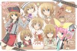  2girls :d ;d apple blue_eyes blush brown_hair cake cat crossed_arms dated english food fruit hair_rings happy_birthday hat holding kamaboko_(milky_holmes) kaname_ihnk multiple_girls multiple_views necktie open_mouth pink_hair rat_(milky_holmes) sherlock_shellingford shorts smile sparkle tantei_opera_milky_holmes wink 