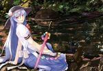  blue_hair bow dacho food fruit hat hinanawi_tenshi long_hair peach red_eyes sitting smile solo sword sword_of_hisou touhou weapon 