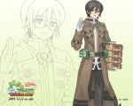  1boy 2009 atelier_(series) atelier_lina black_hair book brown_eyes coat copyright_name dated gerard_doche glasses gloves gradient gradient_background male official_art pants smile solo wallpaper watanuki_nao white_background yellow_background zoom_layer 