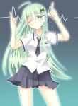  alternate_costume blush breasts frog_hair_ornament green_eyes green_hair hair_ornament hair_tubes kochiya_sanae lifeline long_hair misana14119 necktie pointing pointing_up school_uniform skirt smile solo touhou waveform wink 