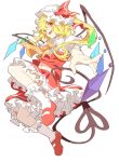  ascot blonde_hair fangs flandre_scarlet hat hat_ribbon highres kumio laevatein looking_at_viewer midriff navel open_mouth pointing puffy_sleeves red_eyes ribbon shirt short_sleeves side_ponytail skirt skirt_set smile solo touhou wings 
