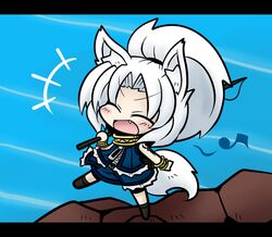  ^_^ animal_ears bracelet closed_eyes eyes_closed fang fishing_rod jewelry letterboxed musical_note open_mouth pixiv_fantasia pixiv_fantasia_sword_regalia ponytail skirt smile solo tail white_hair wolf_ears wolf_tail yanagi_(artist) yanagi_(nurikoboshi) 