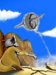  bone cliff creature desert donphan jumping marowak no_humans pokemon sand sky tegaki 