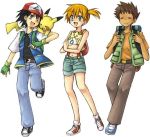  1girl 2boys aqua_eyes backpack bag belt black_eyes black_hair brown_hair carrying child closed_eyes denim eizyu_tokiwa eyes_closed fingerless_gloves gloves hat jacket kasumi_(pokemon) leg_up misty_(pokemon) multiple_boys open_mouth orange_hair pikachu pokemon pokemon_(anime) pokemon_(creature) satoshi_(pokemon) shoes short_hair shorts side_ponytail simple_background smile sneakers suspenders takeshi_(pokemon) togepi vest white_background 