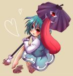  :p barefoot blue_eyes blue_hair dress geta heart heterochromia k13958 karakasa_obake no_socks red_eyes single_shoe sitting solo tatara_kogasa tongue touhou umbrella 