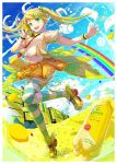 blonde_hair c.c._lemon c.c._lemon_(character) food food_themed_clothes fruit green_eyes hoippu lemon midriff navel open_mouth rainbow skirt solo thigh-highs thighhighs twintails 