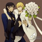  black_eyes black_hair blonde_hair bouquet carrying cassock cross cross_necklace expressionless fate/stay_night fate_(series) flower gilgamesh jewelry kotomine_kirei male multiple_boys necklace parody princess_carry red_eyes ring rose wedding_band white_rose yinxisan 