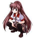  black_legwear blush harry_tribeca kuromitsu_kinako long_hair lyrical_nanoha mahou_shoujo_lyrical_nanoha mahou_shoujo_lyrical_nanoha_vivid simple_background skirt smile solo squatting thigh-highs thighhighs very_long_hair white_background 