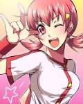  1girl ;d \m/ akane_(pokemon) blush breasts bust gradient gradient_background gym_leader hair_ornament hairclip morphine_(sugar) open_mouth pink_eyes pink_hair pokemon pokemon_(game) pokemon_hgss smile solo star twintails wink wristband 