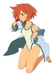  full_body green_eyes holding holding_poke_ball jacket kasumi_(pokemon) misty_(pokemon) ochappa one-piece_swimsuit orange_hair poke_ball pokemon pokemon_(game) pokemon_hgss sandals sekka_koyori short_hair simple_background smile solo swimsuit white_background wink 